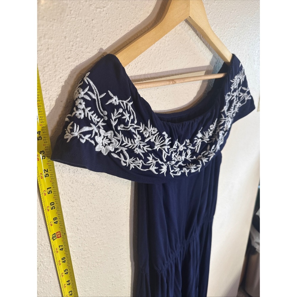 Lucky Brand Small Navy Blue Boho Embroidered Off Shoulder Coquette Mini Dress - Picture 6 of 6